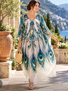 Peacock Feather Print Boho Kaftan Maxi Dress Resort Cruise Wear